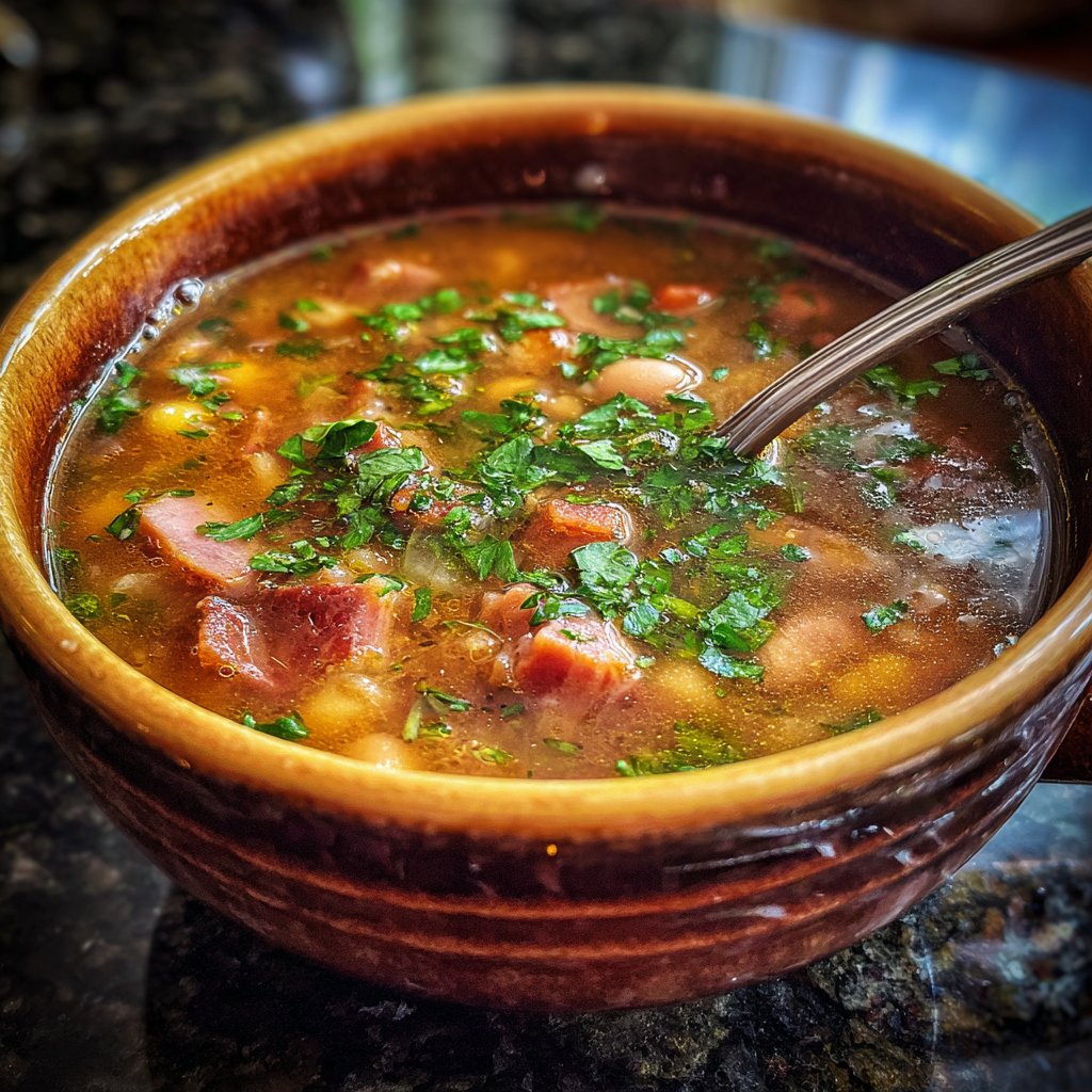 Schinken-Bohnensuppe mit frischen Kräutern