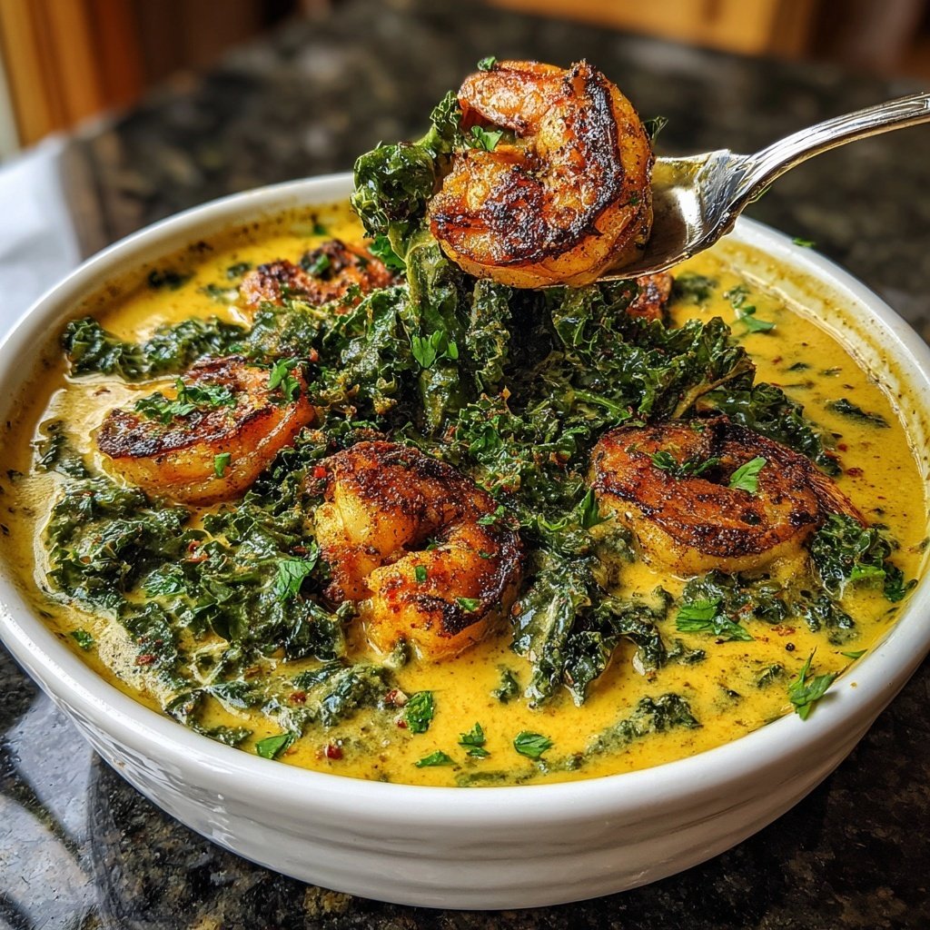 Scharfe Garnelen Blumenkohlbrei Grünkohl