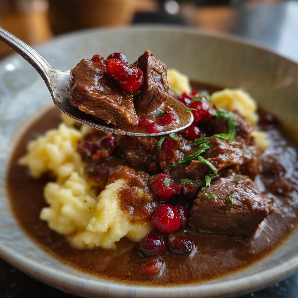 Hirschgulasch mit Preiselbeeren und Spätzle​