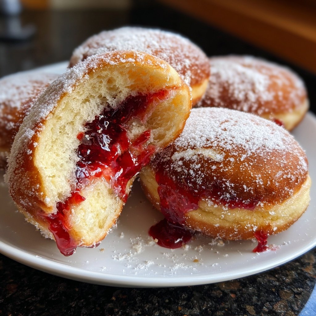 Klassische Deutsche Berliner-Donuts mit Himbeermarmelade