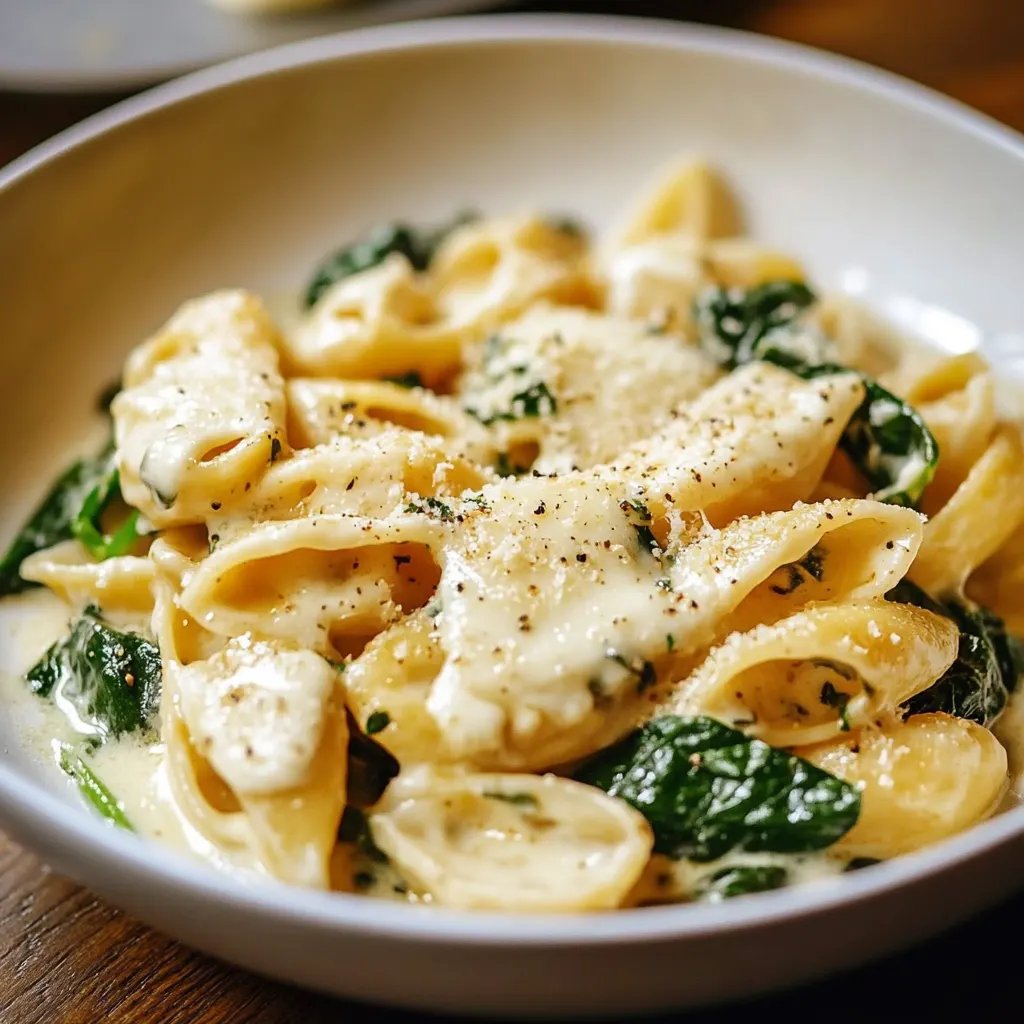 Pasta mit Frischkäse, Spinat und Hähnchen